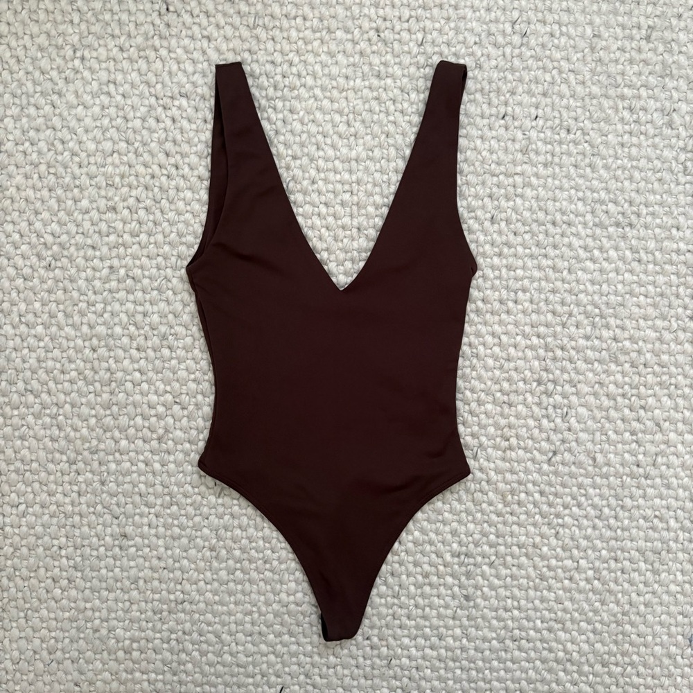 Aritzia Deep V-Neck Bodysuit in Dark Brown
